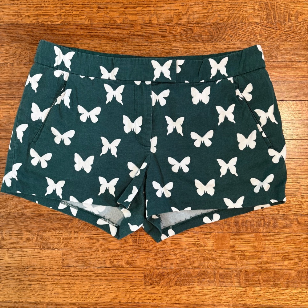 J. Crew Womens Shorts Size 12‎ Green White Butterfly Print Casual Cotton Blend